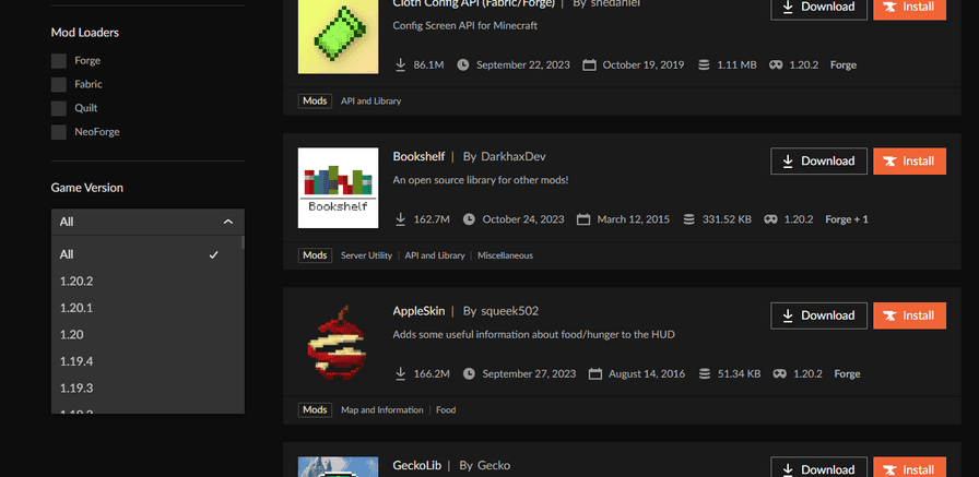 curseforge 検索画面のオプション 対応Modローダーと対応マイクラバージョンのフィルタ