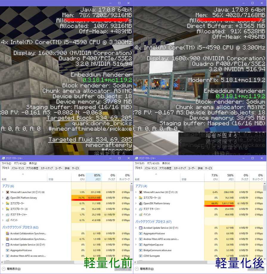 マイクラF3ボタンでのメモリ計測と、マイクラプログラム実体であるJDKが消費しているメモリ計測